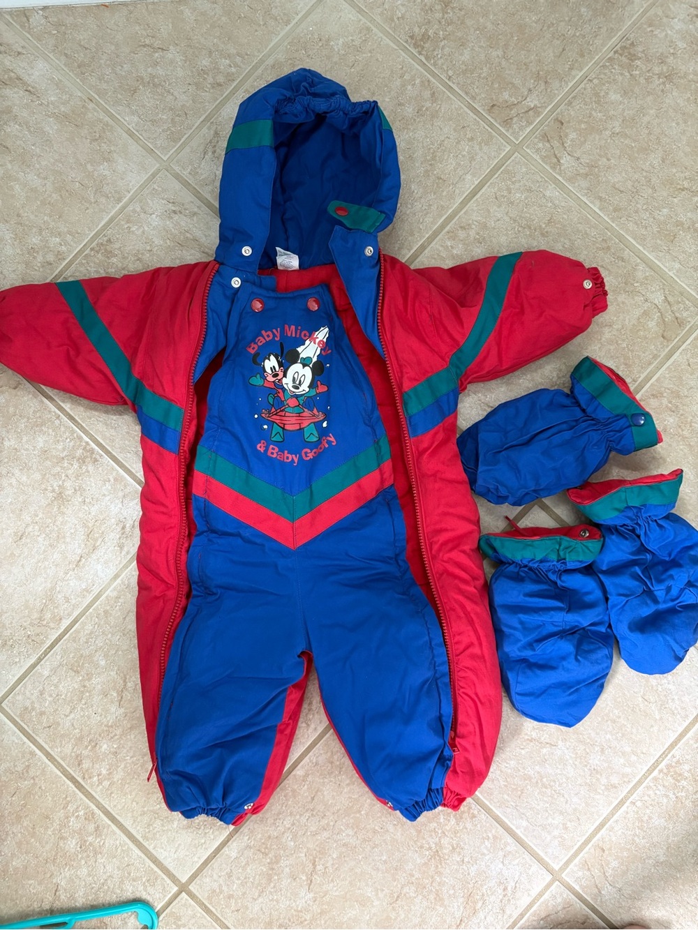 vintage Disney-themed child's snowsuit in red and blue featuring Baby Mickey 12m